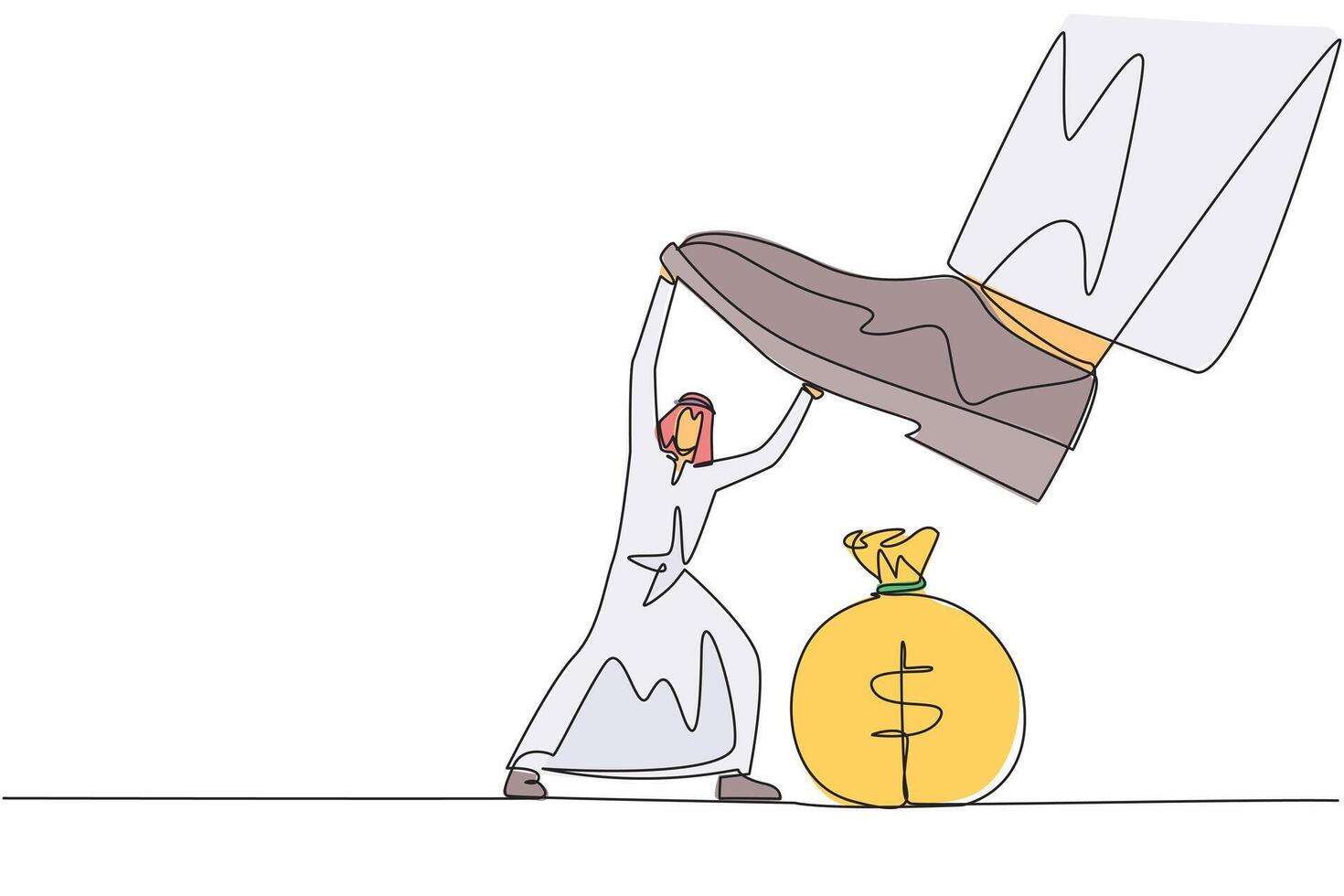 Single continuous line drawing Arab businessman holds back the giant foot wants to step on the money bag. Destroyer of business profits. Survive with all the might. One line design illustration vector