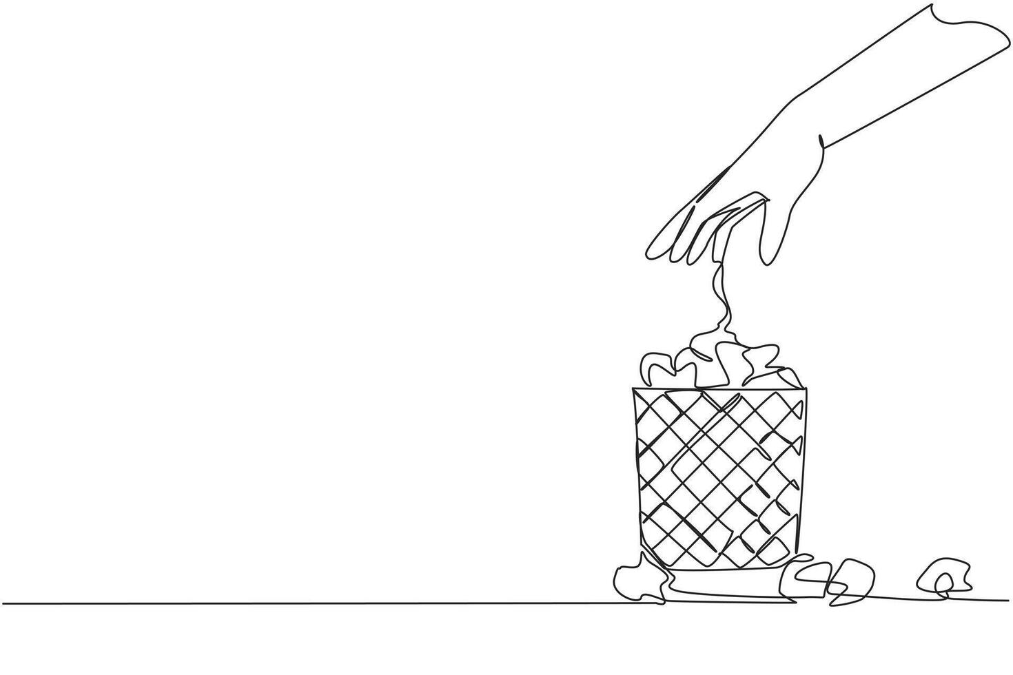 Single one line drawing hand throws wadded paper into wire mesh trash can. Always fail to write down ideas. A lot of paper is wasted. Wasteful. Stagnant. Continuous line design graphic illustration vector
