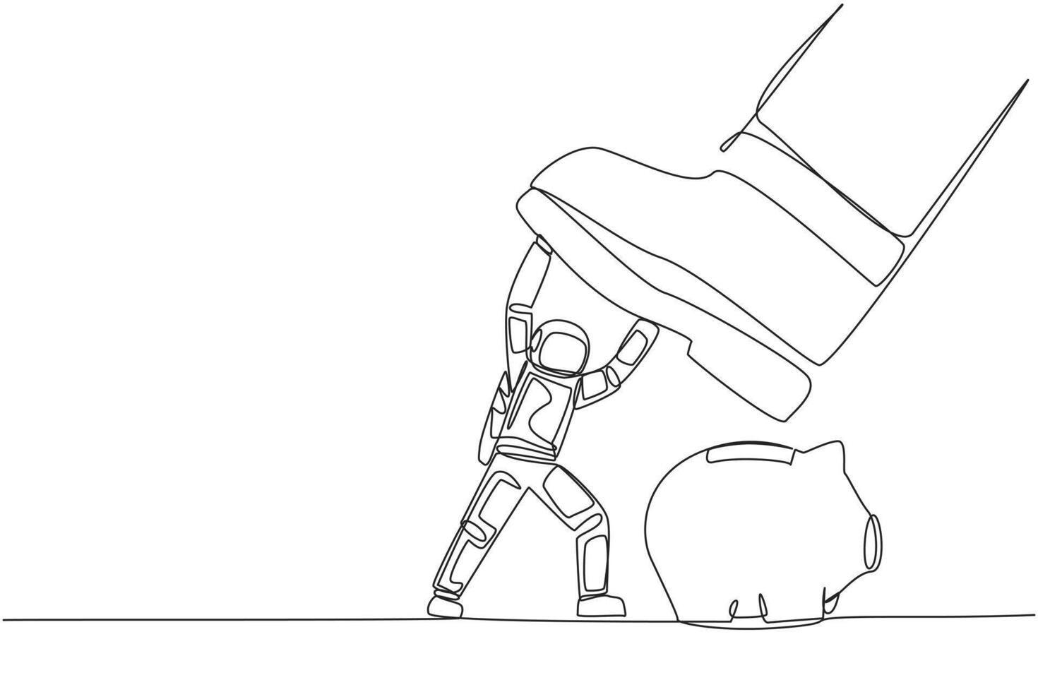 Continuous one line drawing astronaut holds back giant foot wants to step on piggy bank. Precautions not to disrupt preparations for space expeditions. Single line draw design illustration vector