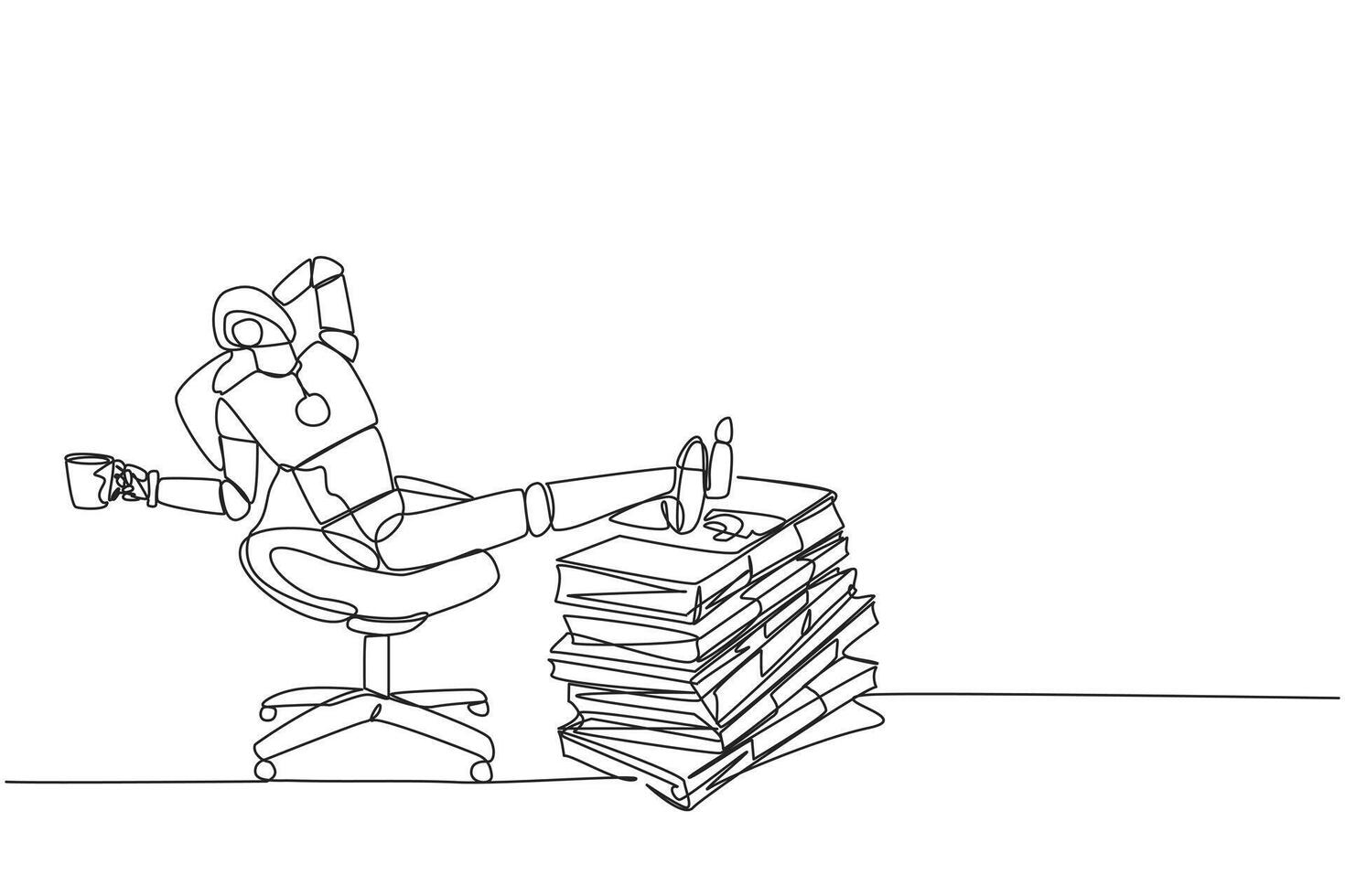 Continuous one line drawing robot sitting on a work chair holding mug. Foot resting on stacks of banknotes. The most successful and richest robot. Future. Single line draw design illustration vector