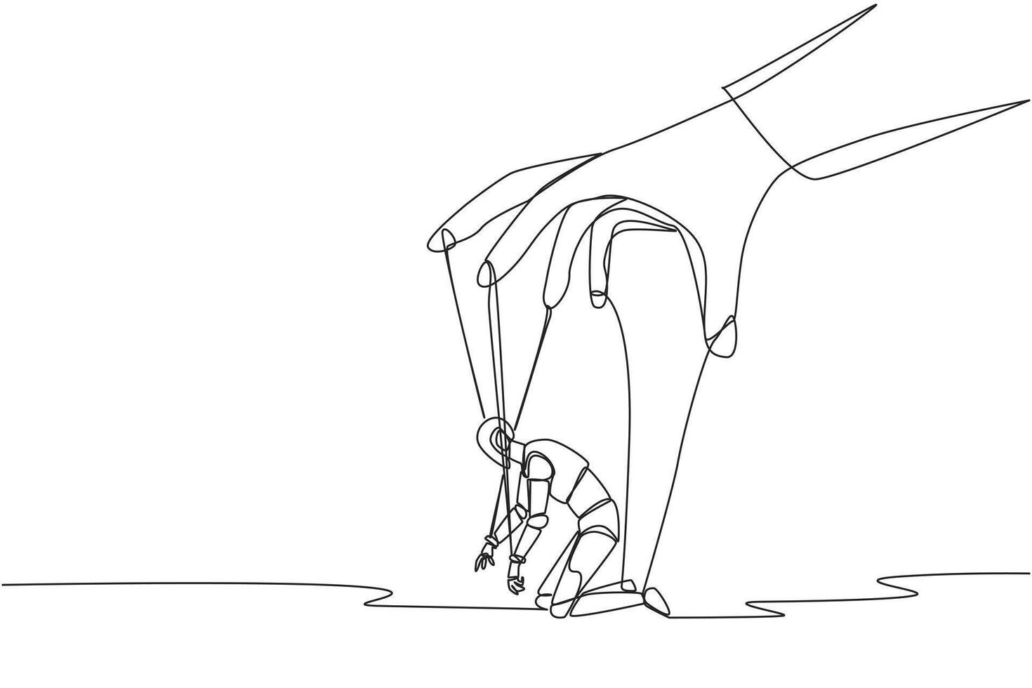 Single continuous line drawing robot kneel, entire body bound by ropes controlled by giant hands. Deep despair. Artificial intelligence not functioning optimally. One line design illustration vector
