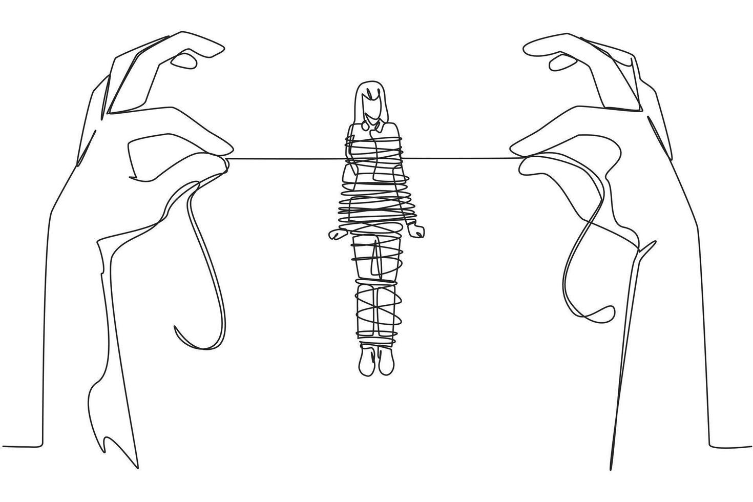 Single continuous line drawing businesswoman standing and tied by a rope held by 2 giant hands. Can't move anywhere. Trapped in debt. Fraudulent investment. Failed. One line design illustration vector