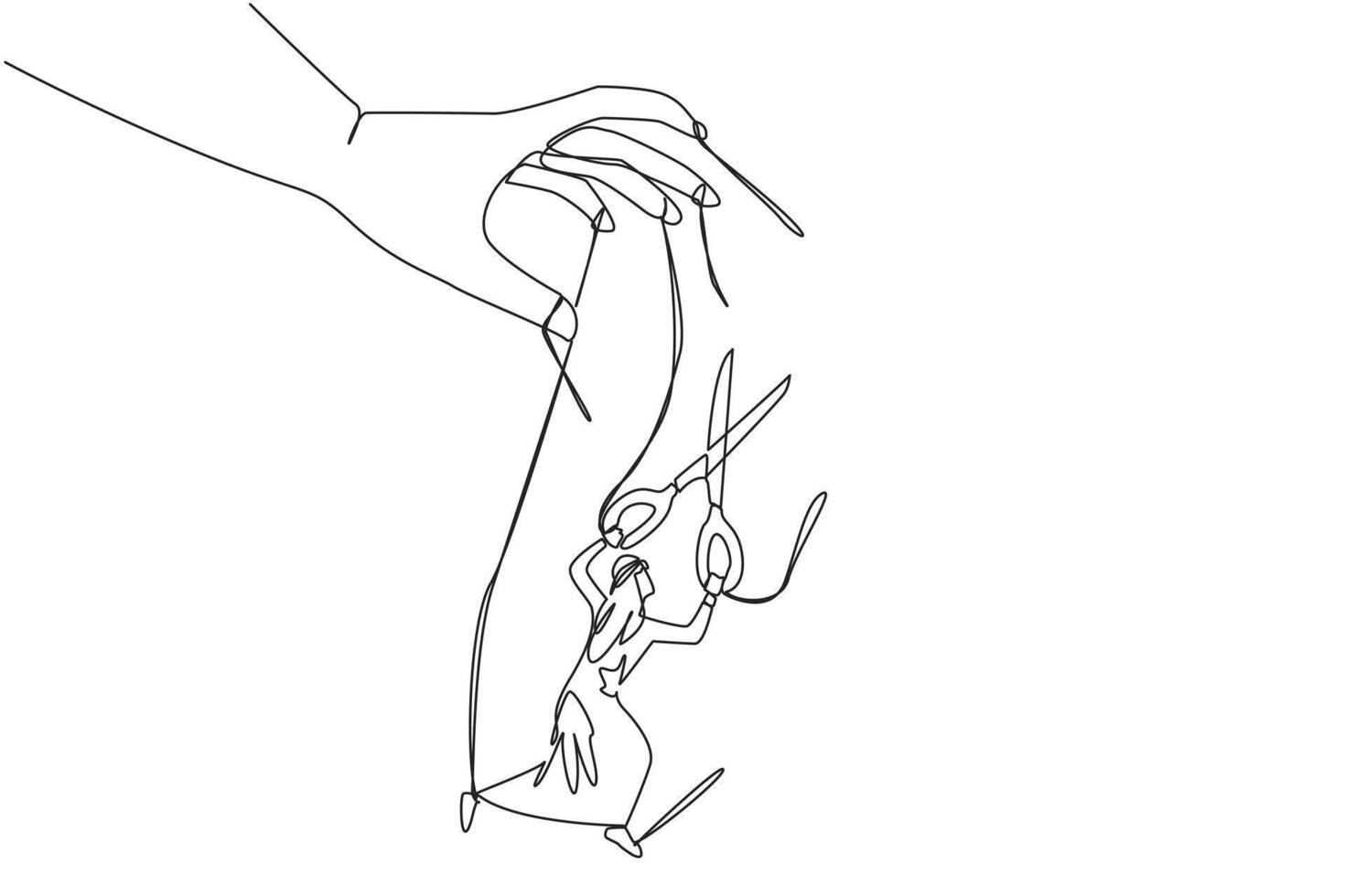 Single continuous line drawing Arabian businessman walking moved by ropes controlled by giant hands. Relying on scissors to escape. Free from restraints. Puppet. One line design illustration vector