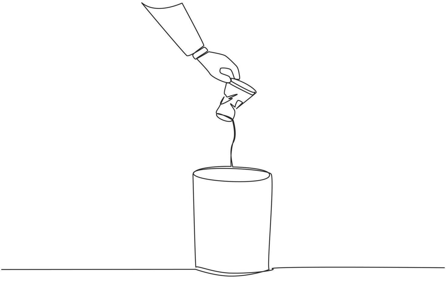 Single one line drawing businessman's hand throws away a crushed paper cup. The correct way to dispose of it. Cannot be misused by irresponsible people. Continuous line design graphic illustration vector