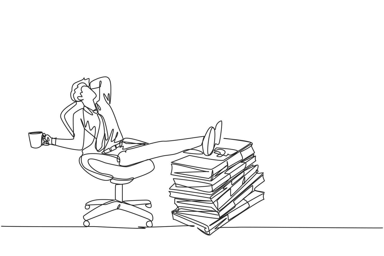 Single continuous line drawing businessman sitting relaxed in a work chair while holding mug. Foot resting on stacks of banknotes. Get lots of benefits. Profitable. One line design illustration vector