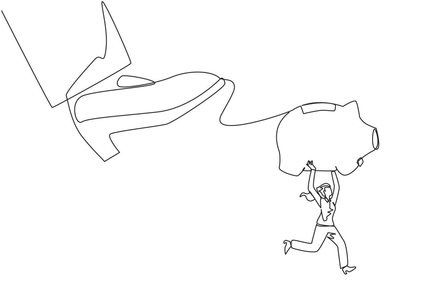 Single one line drawing businesswoman carrying piggy bank run away from giant foot. Taking investments must be trusted. The sovereigns prepare to destroy. Continuous line design graphic illustration vector