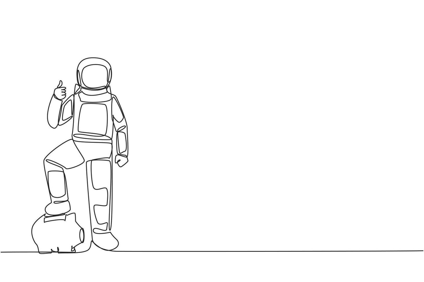Single continuous line drawing astronaut stands with thumbs up pose and steps on the piggy bank with one of foot. Happy to release assets to conduct space research. One line design illustration vector