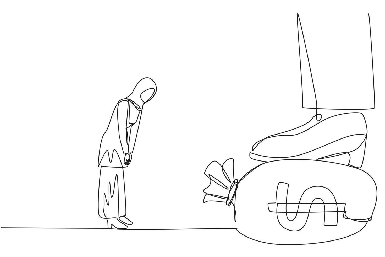 Continuous one line drawing Arab businesswoman nodded in front of the giant foot stepping on money bag. Deal that makes it difficult to make big profits. Single line draw design illustration vector
