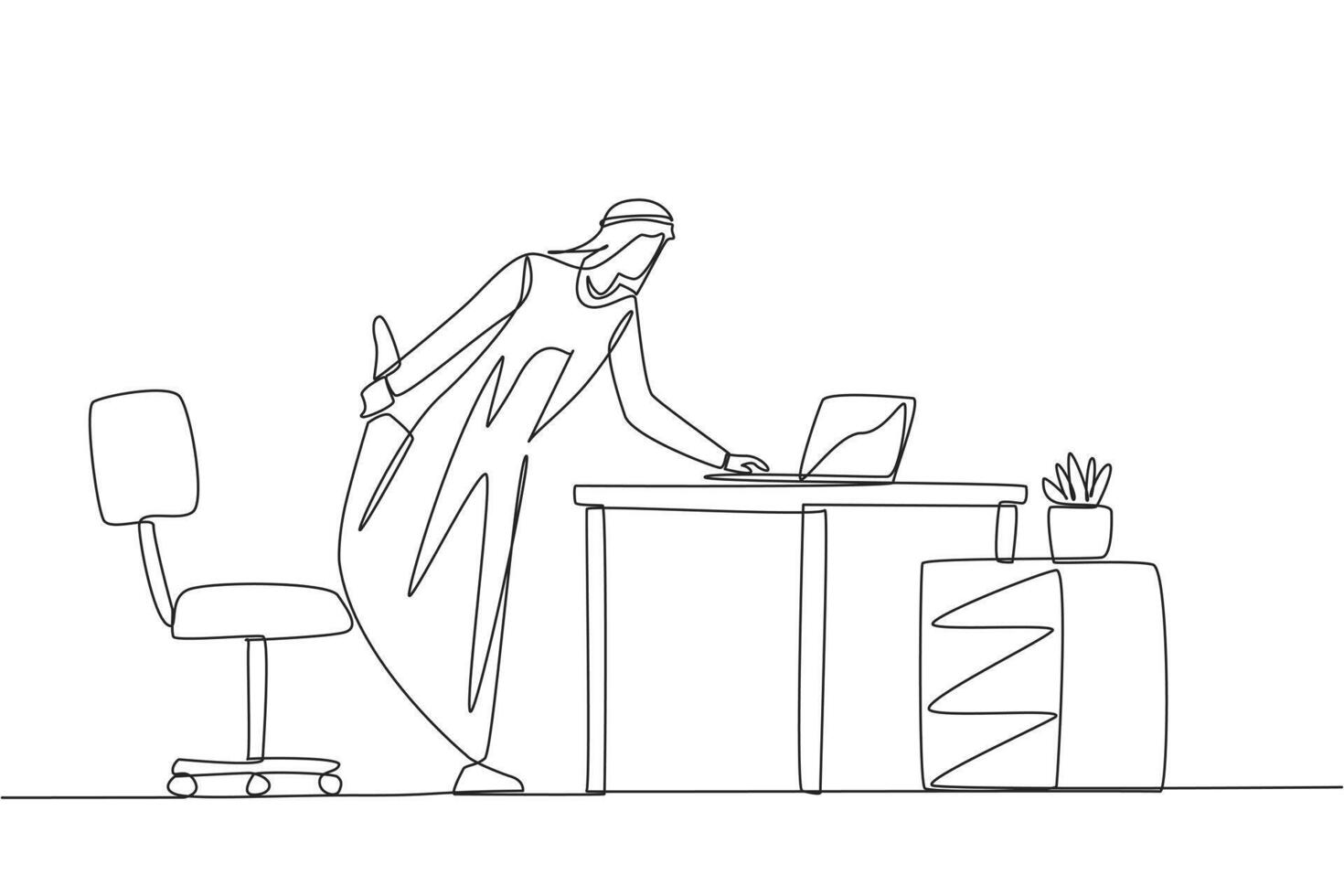 Single continuous line drawing Arab man standing with one leg raised and his hand typing on a laptop. Keep doing light exercise even though have an online meeting. One line design illustration vector