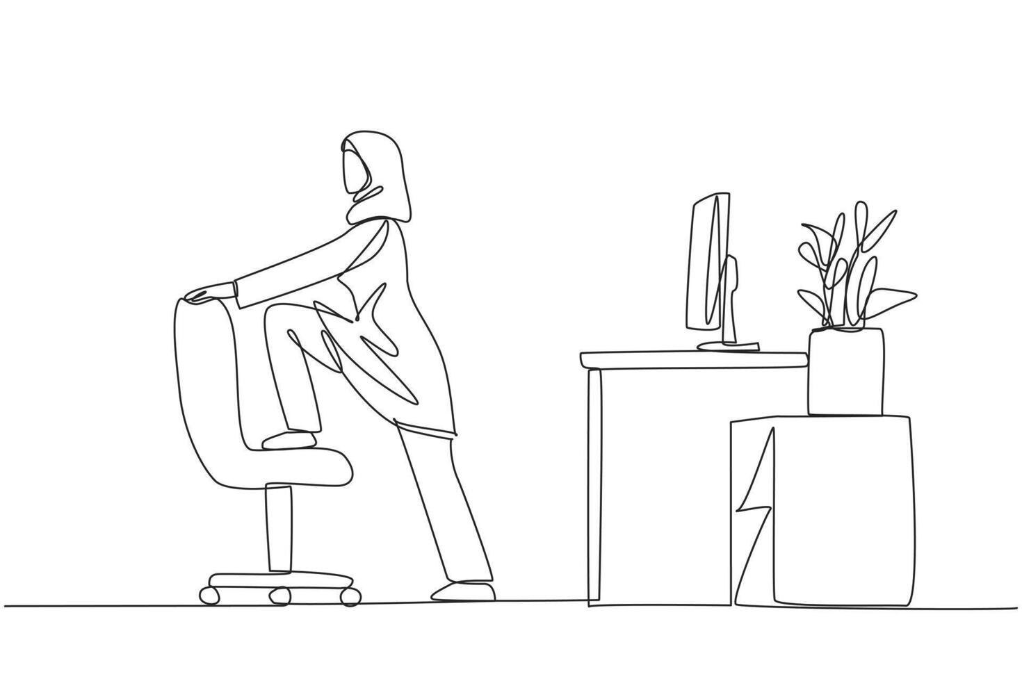 Continuous one line drawing Arabian woman stands while lifting one of her legs onto a chair. Stretching. Avoid leg cramps. Exercise at the office. Overtime. Single line draw design illustration vector