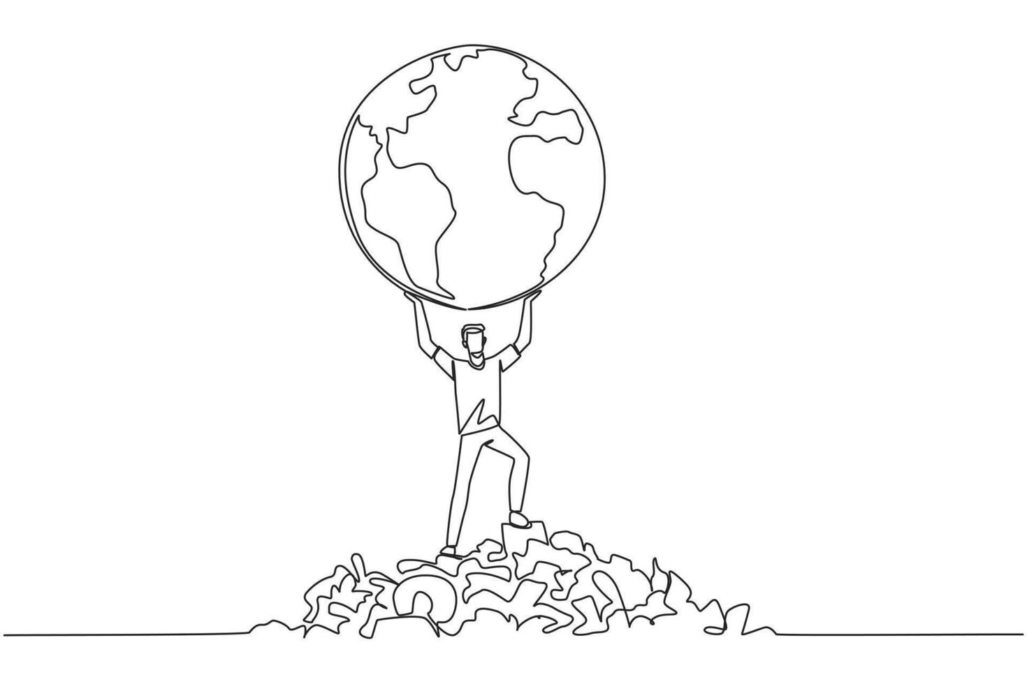 Single continuous line drawing man raises globe with both hands. There is rubbish scattered around. Do the best to save the earth from the abundance of waste. One line design illustration vector