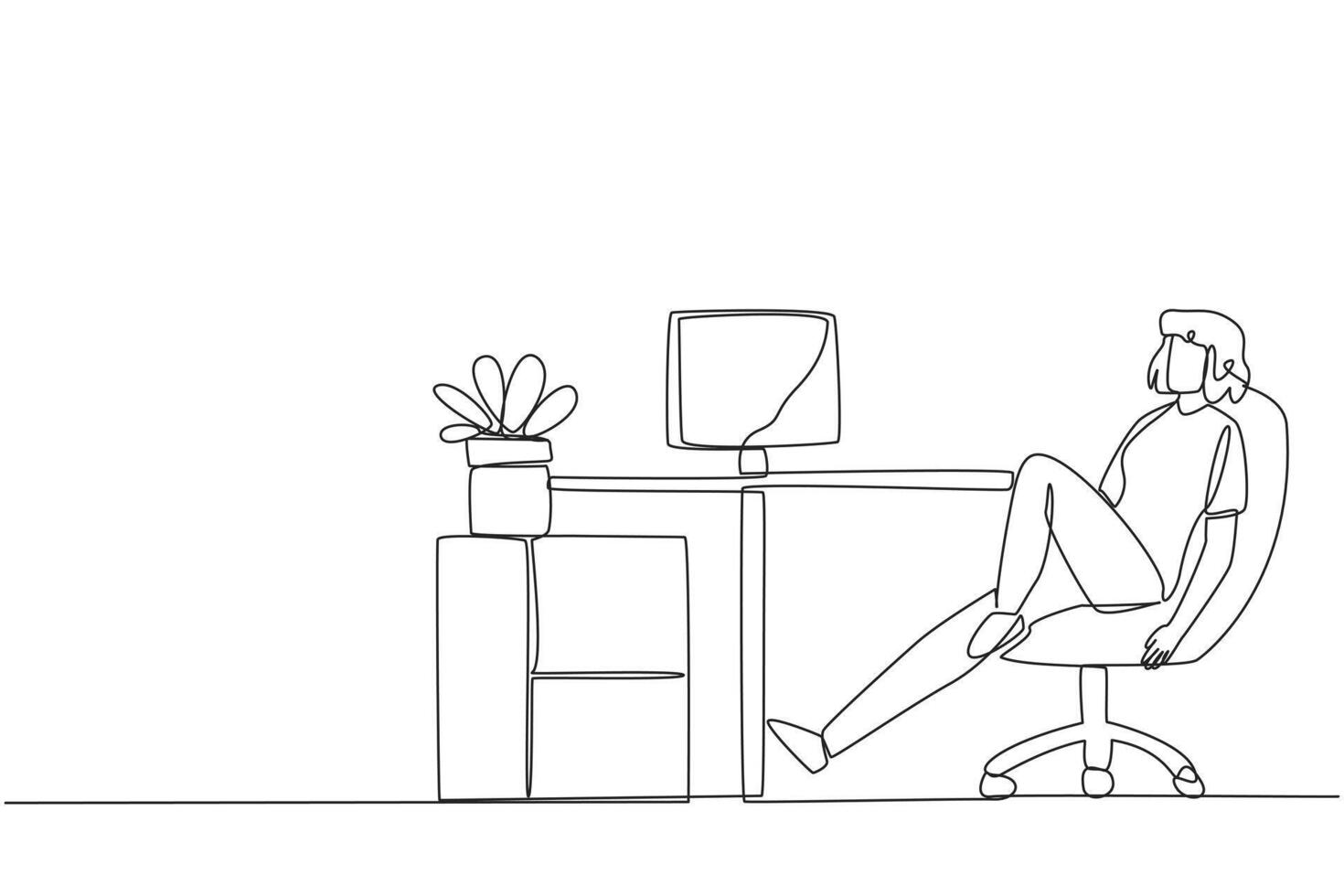 Single one line drawing woman sits in work chair with one of legs raised and folded. Do some warm-up movements. Eyes are tired and need to focus. Overtime. Continuous line design graphic illustration vector