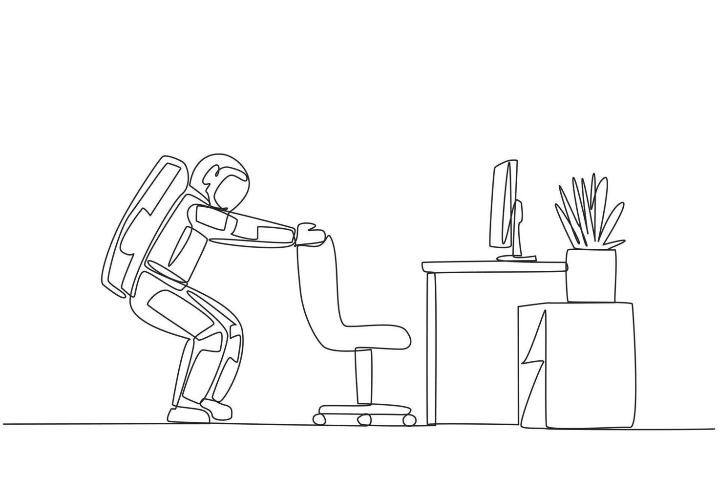 Single continuous line drawing astronaut stands with a slight bend and both hands hold the top of chair. Stretching. Nervous. It's time to go on a space expedition. One line design illustration vector