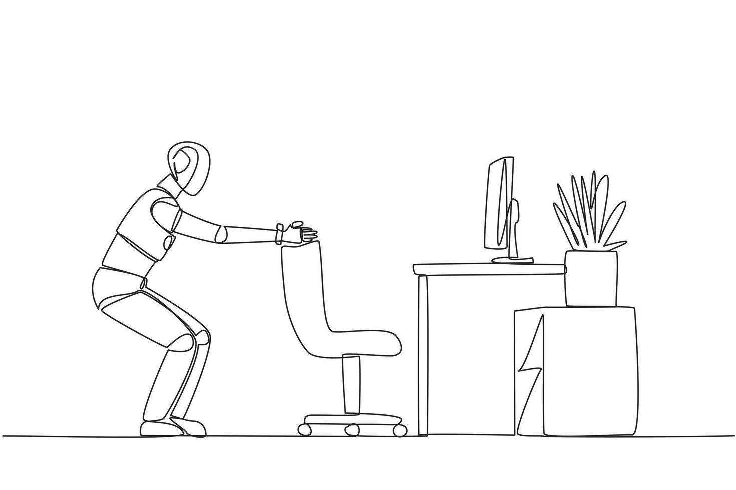 Single continuous line drawing smart robot stands with a slight bend and both hands hold the top of chair. Guide robot. Example of exercise while at the office. One line design illustration vector