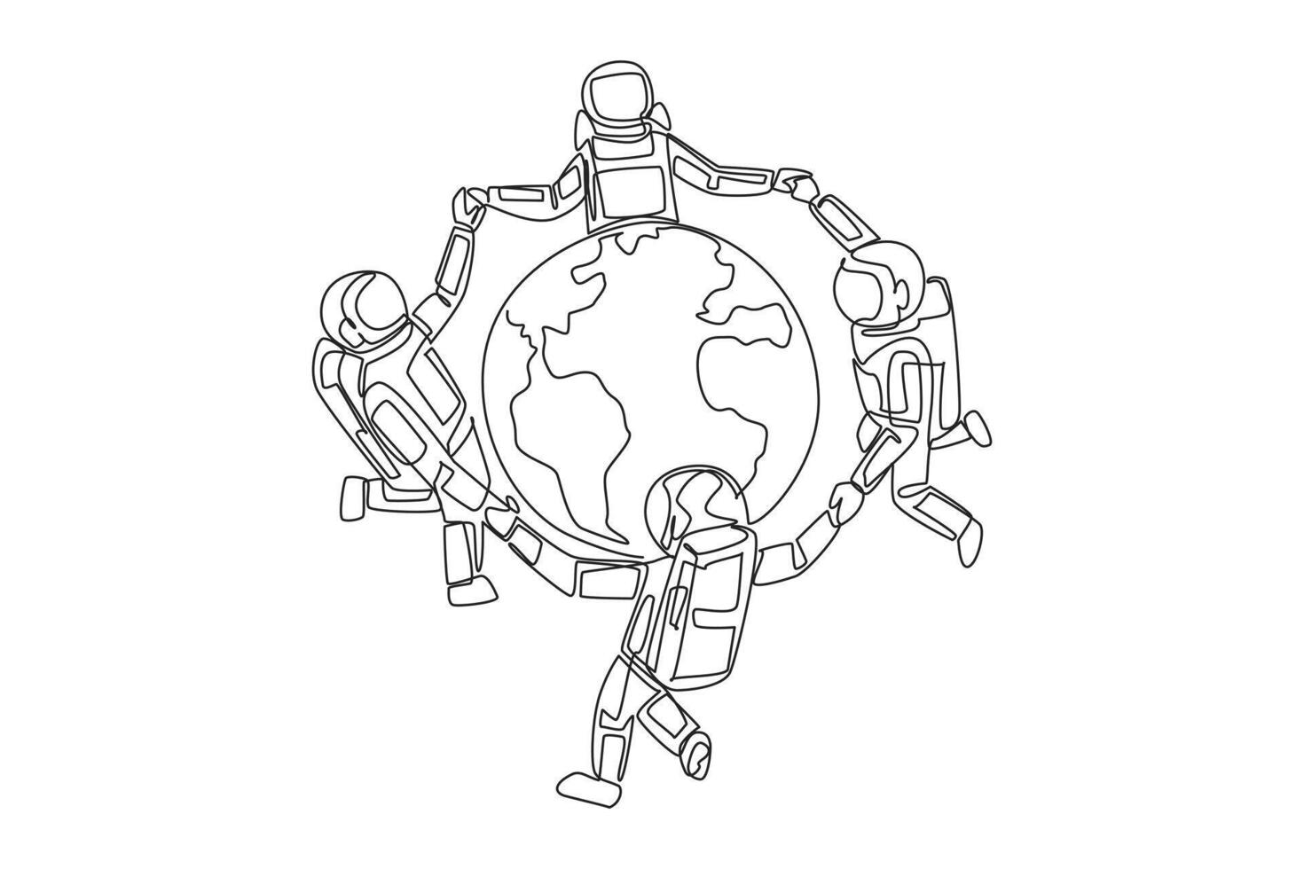 Single continuous line drawing a group of astronauts make a circle around the globe. With pride and joy can protect the earth. Cosmonauts protect the earth. Care. One line design illustration vector