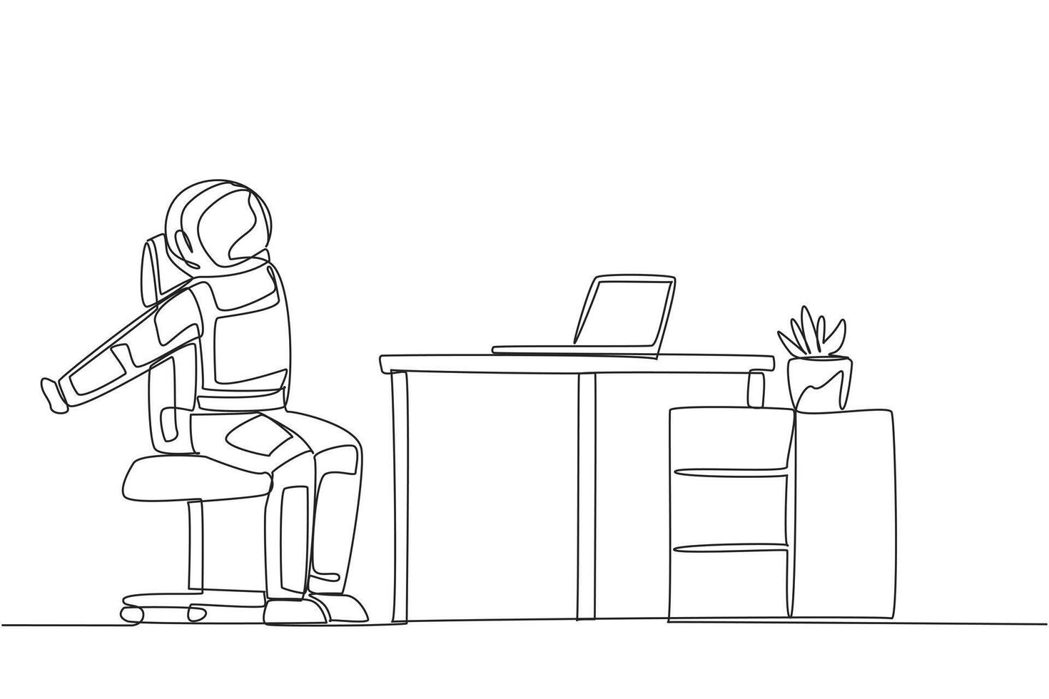 Single continuous line drawing astronaut sitting in work chair stretching arms behind back. Relax. Stretch arms because hand muscles are starting to feel stiff. One line design illustration vector