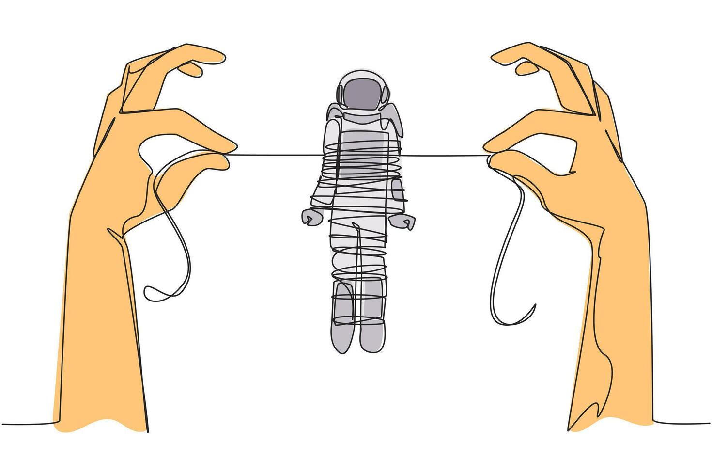 Continuous one line drawing astronaut standing and tied by a rope held by 2 giant hands. Become a prisoner. Hostage to fraud case. Failed space expedition. Single line draw design illustration vector