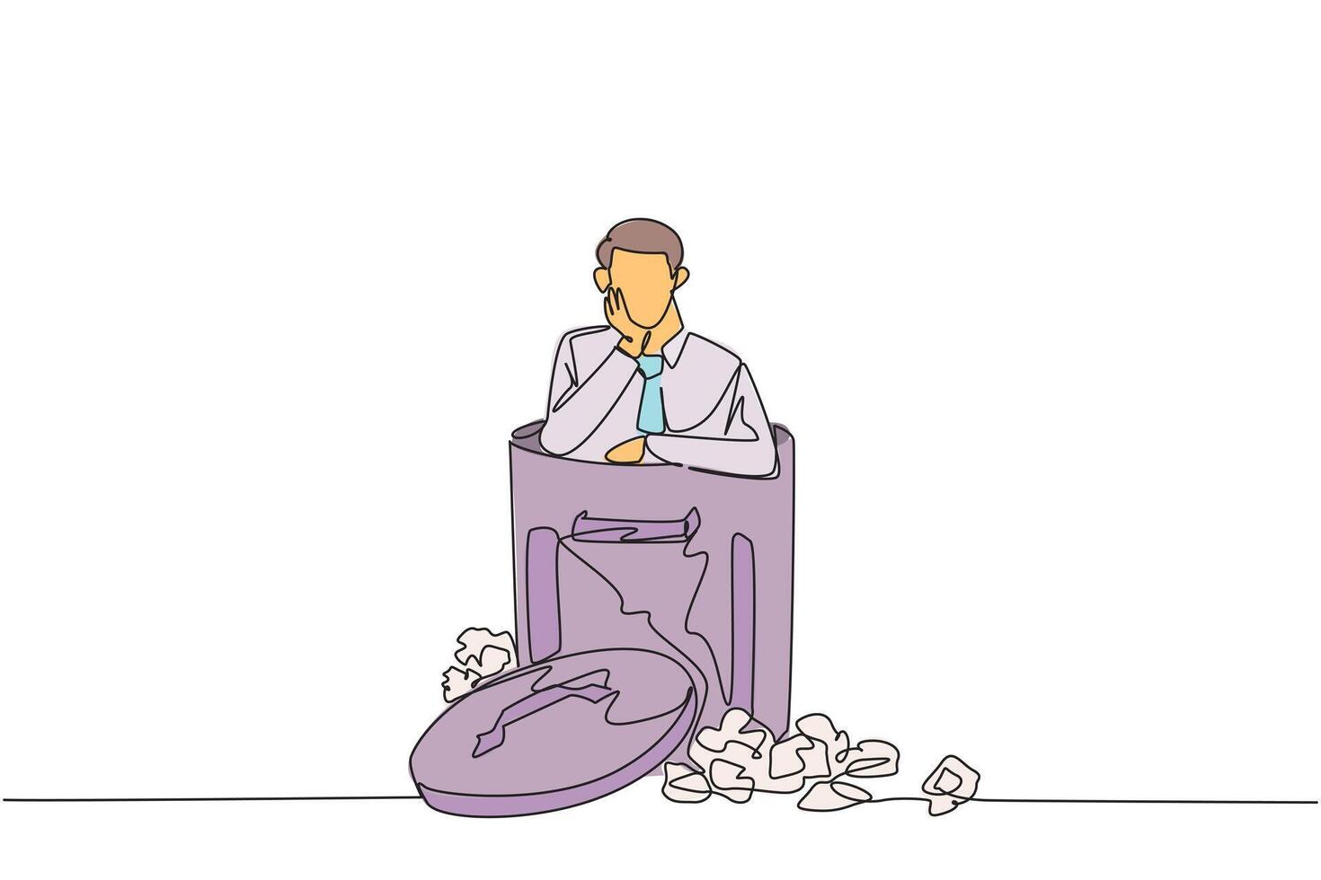 Continuous one line drawing businessman is in the trash. Poor mentality. Down in the dumps. Bankrupt. Helpless. Business is not making a profit. Frustrated. Single line draw design illustration vector