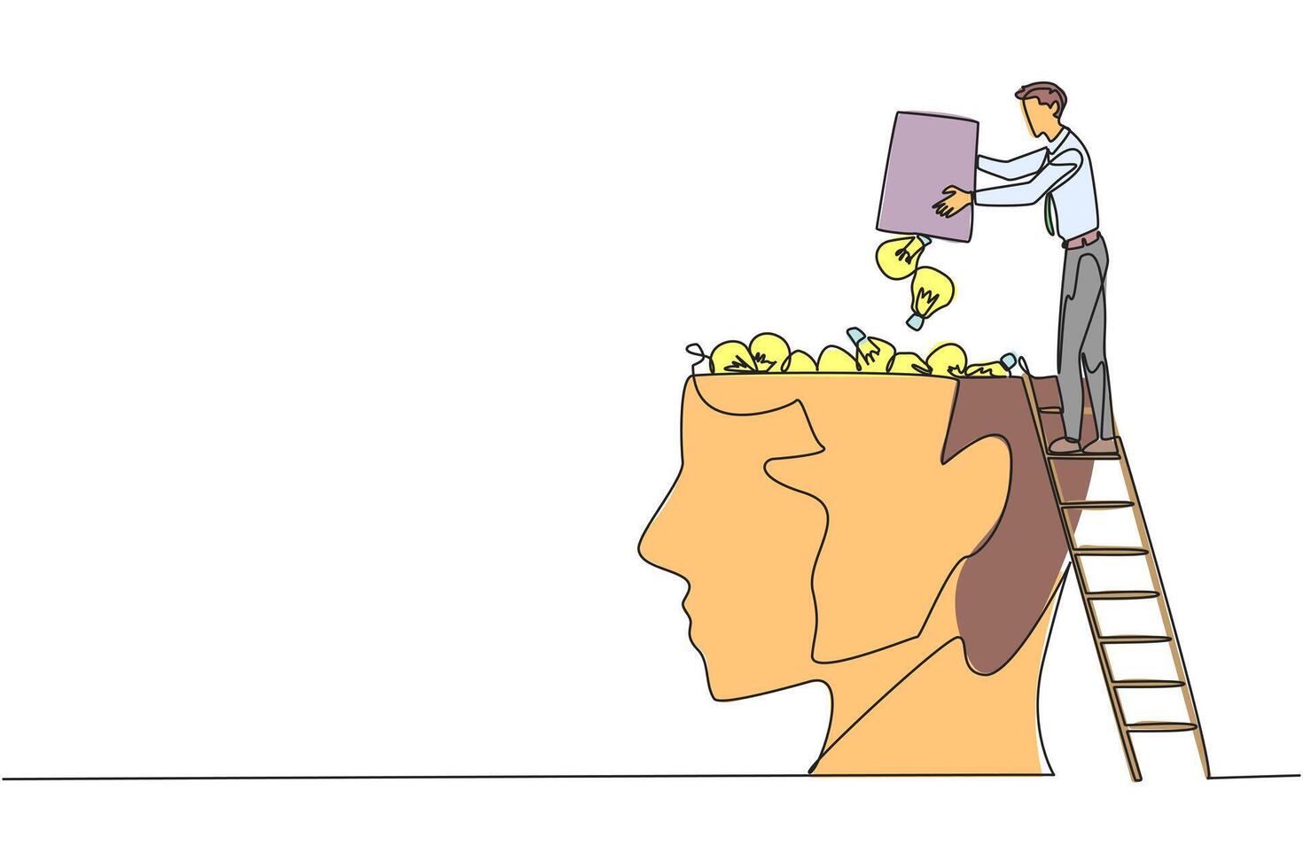 Single continuous line drawing businessman climb to the large, open head with stairs. Throw away the lightbulb. Convey some ideas to increase profits. Brainwashing. One line design illustration vector