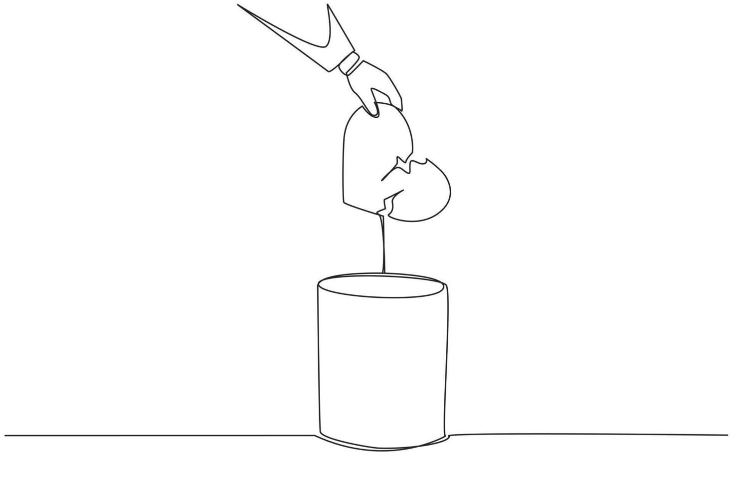 Single continuous line drawing businessman hand throwing away broken heart logo. Broken heart symbol. Throw away anything that makes the feel disappointed. Serene. One line design illustration vector