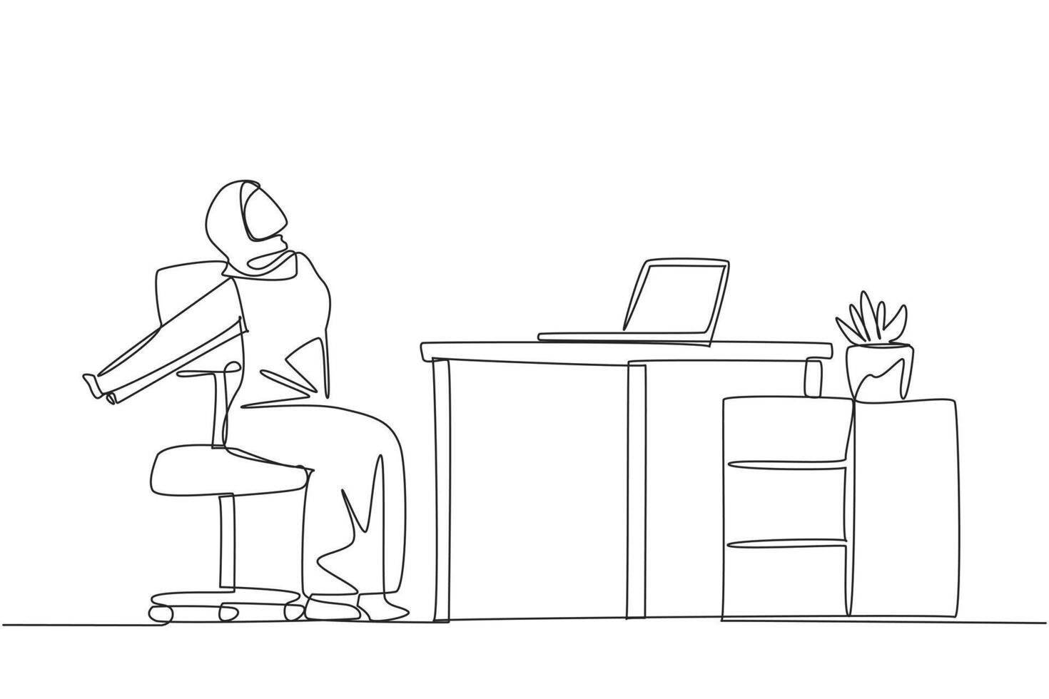 Single one line drawing Arab woman sitting in work chair stretching arms behind back. Squirming. Stretch the body. Avoid feeling stiff. Overtime on weekend. Continuous line design graphic illustration vector