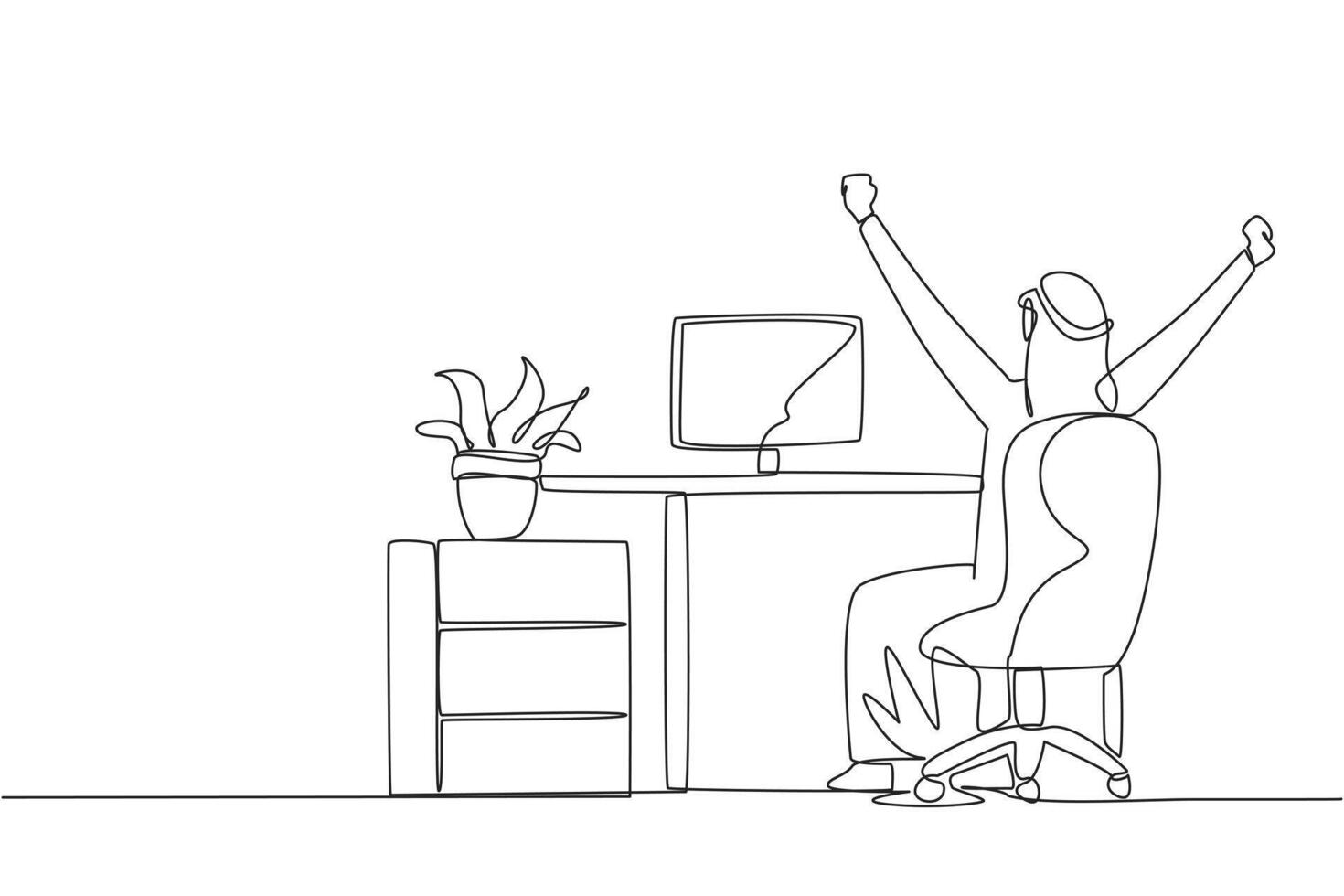 Single one line drawing Arab man sit on chair opening and raising hands. Stretch the body. Raise the hands as high as possible. Makes the body more relaxed. Continuous line design graphic illustration vector