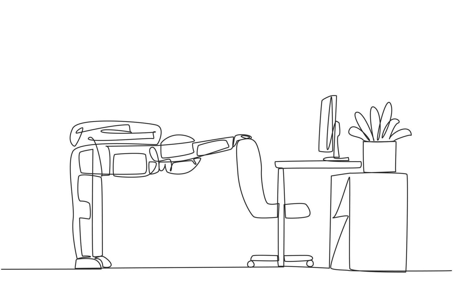 Single one line drawing astronaut bowed while holding his hand on his work chair. Stretching. Eliminates excessive nervousness. Preparing for expedition. Continuous line design graphic illustration vector