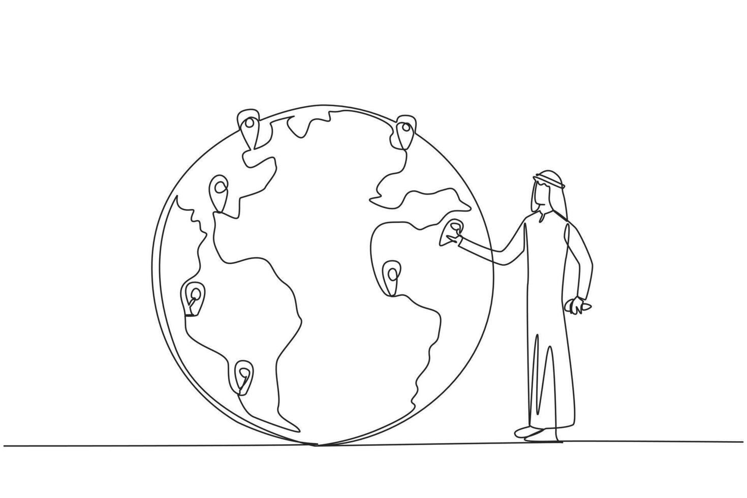 Single one line drawing Arab man places pin location point on surface of globe. Image of distribution of urgent areas for immediate afforestation. Protect. Continuous line design graphic illustration vector