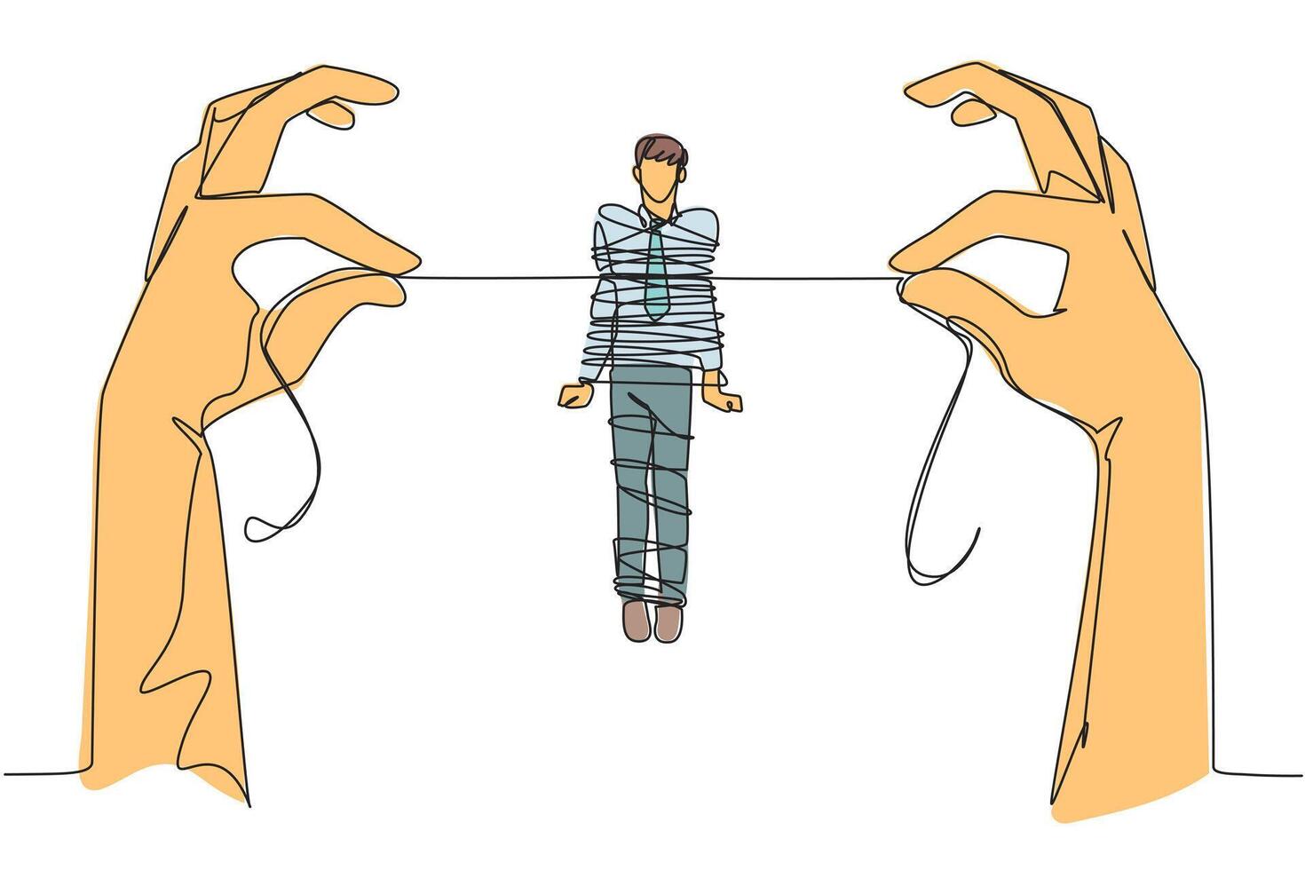 Single one line drawing businessman standing and tied by a rope held by 2 giant hands. Debt is increasing. No income. Business destroyed. Bankrupt. Failed. Continuous line design graphic illustration vector