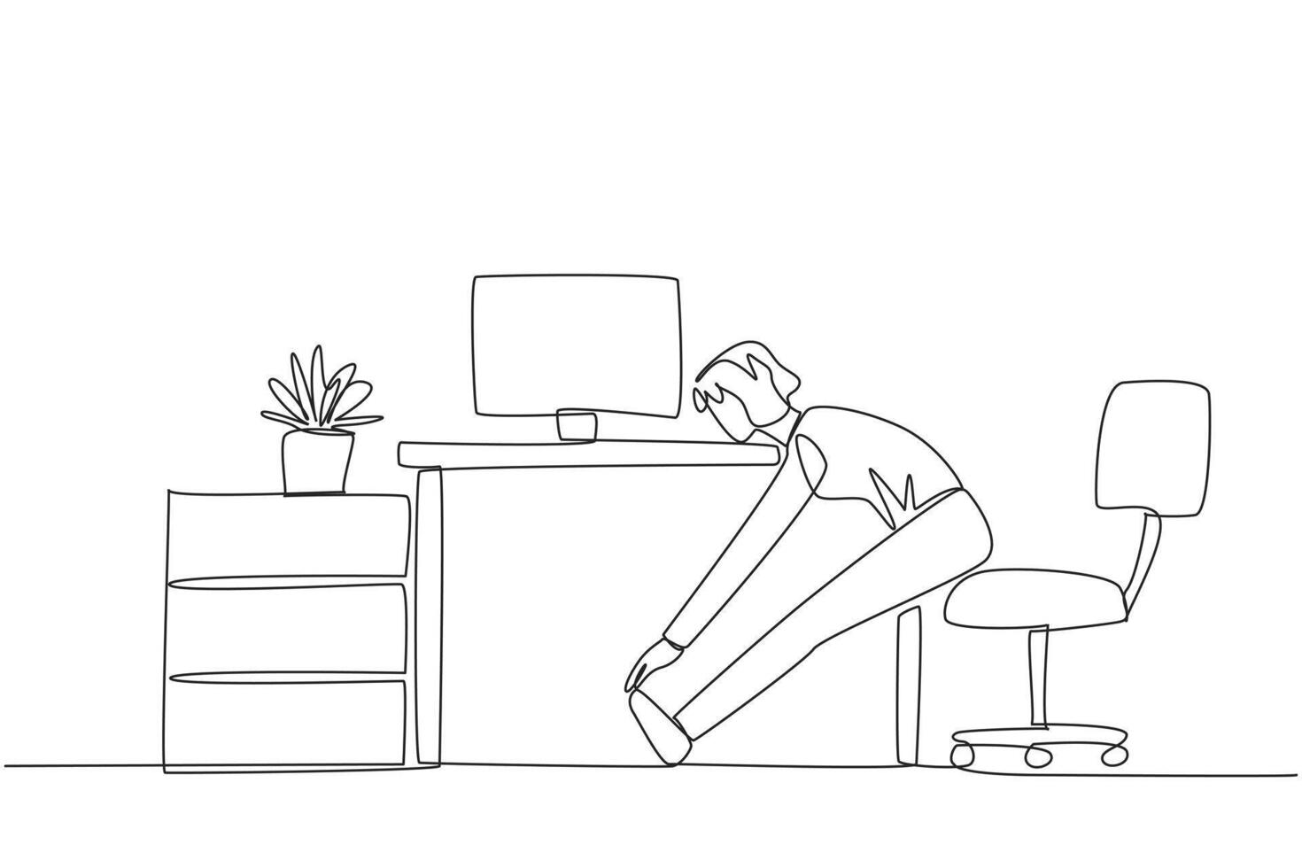 Continuous one line drawing woman sits in work chair with legs straightened, hands hold it. Stretching is necessary to avoid stress. Overtime on weekend. Single line draw design illustration vector