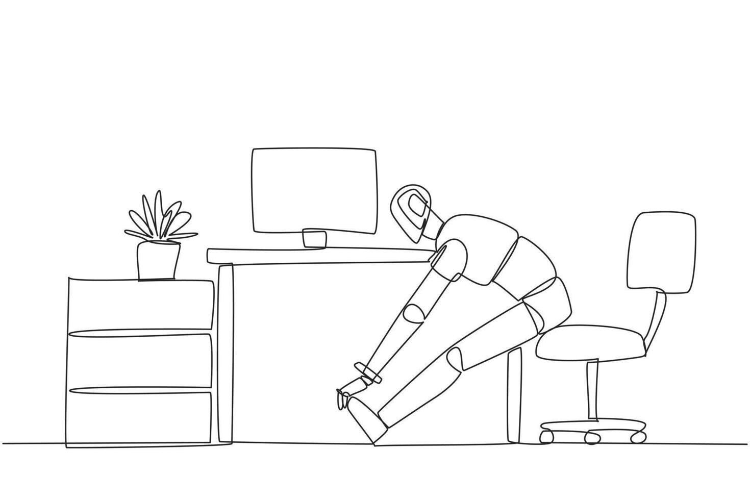 Single continuous line drawing robot sits in work chair with his legs straightened, hands hold legs. Feasibility trial. Algorithm improvements. Future technology. One line design illustration vector