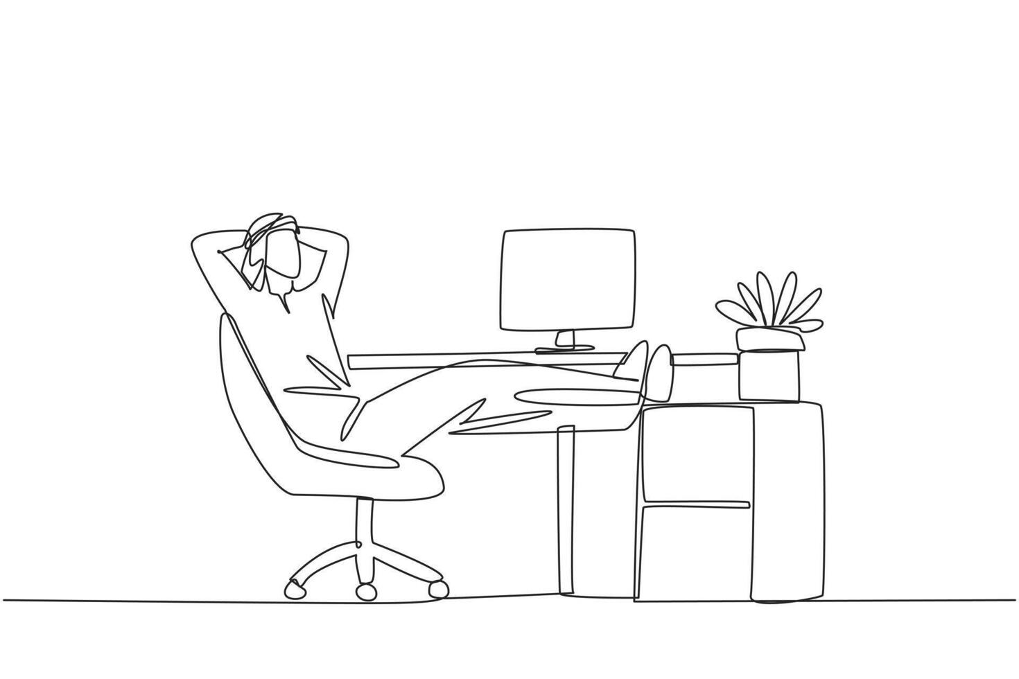 Continuous one line drawing Arab man sits in work chair with his hands behind head and his legs raised on work desk. Relax. Ready to meet the next deadline. Single line draw design illustration vector