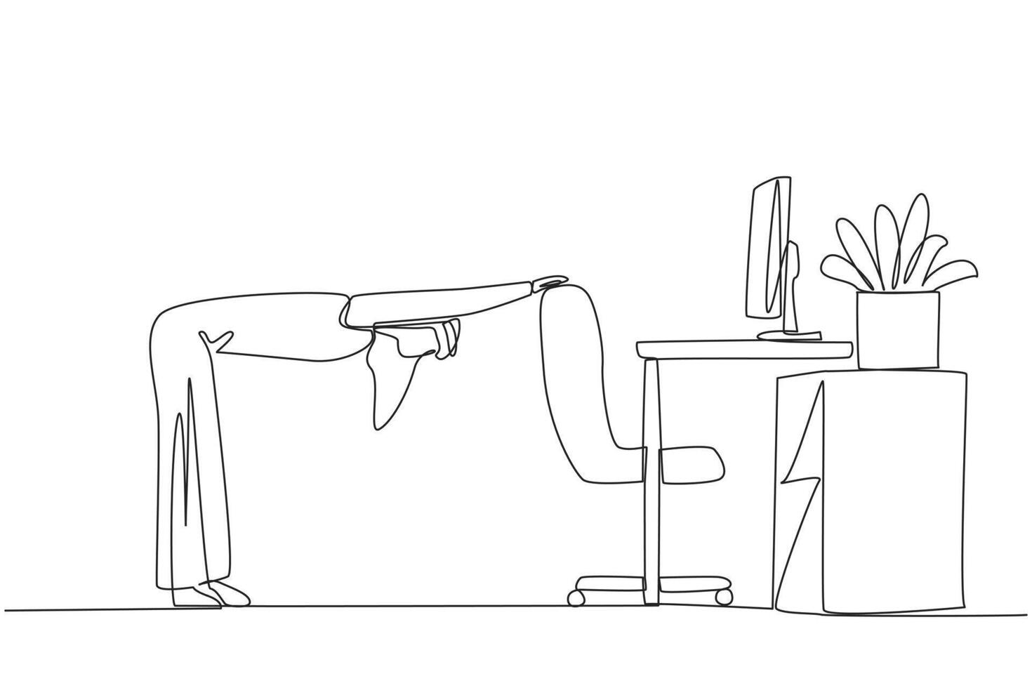 Single one line drawing Arabian man bowed while holding his hand on his work chair. Stretch the body to relieve stiffness. Working overtime on the weekend. Continuous line design graphic illustration vector