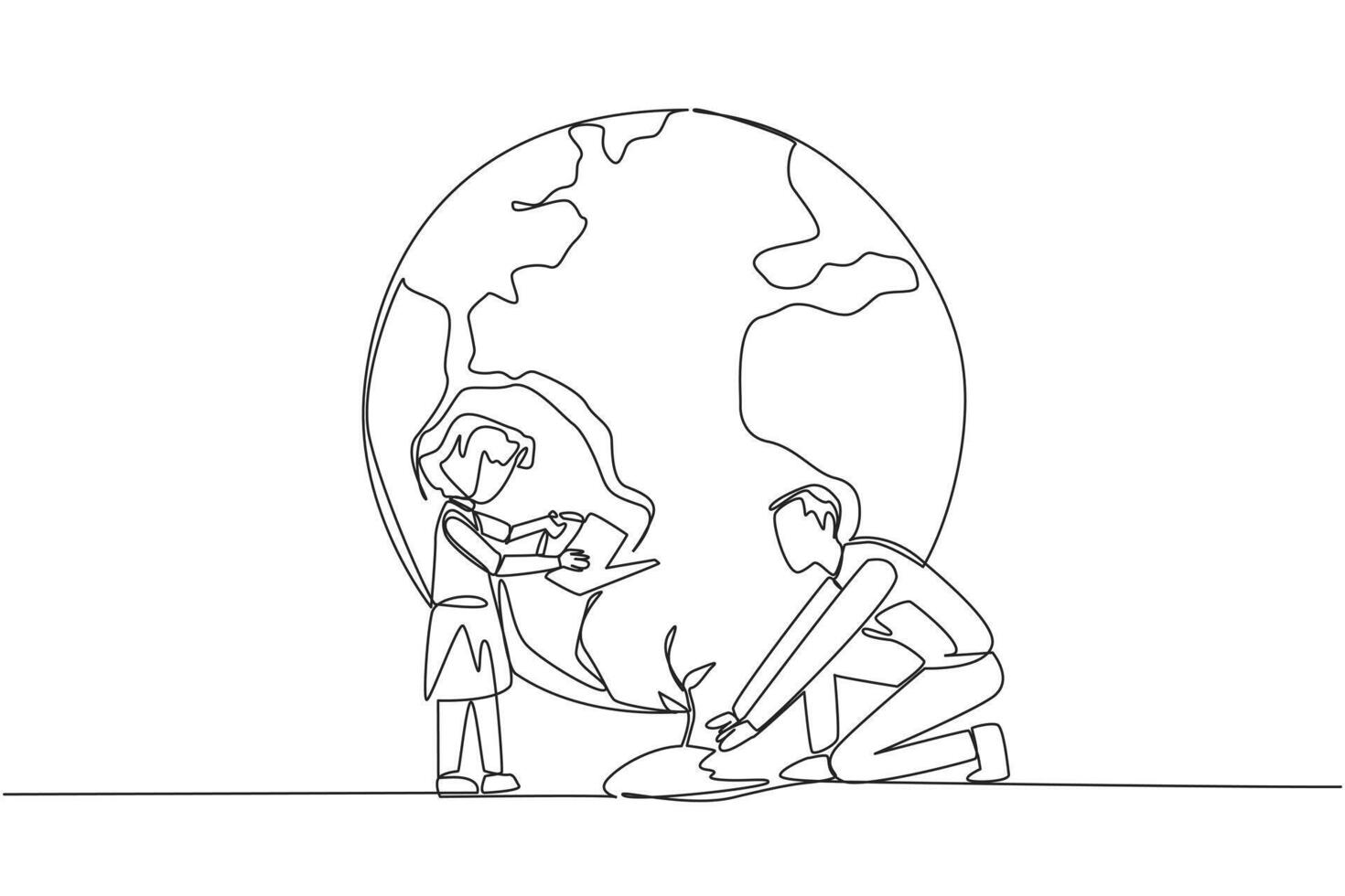 Continuous one line drawing girl standing watering the plants. Teaching environmental care from an early age. World environment day. Earth day. Protect. Single line draw design illustration vector