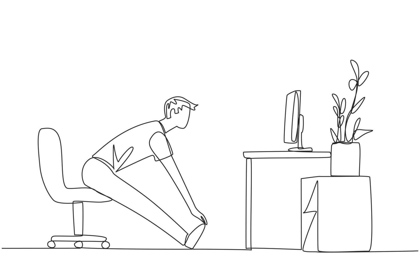 Continuous one line drawing man sitting in work chair with legs straightened. Work overtime on weekends. Eyes focus on the screen. Thinking about a project. Single line draw design illustration vector