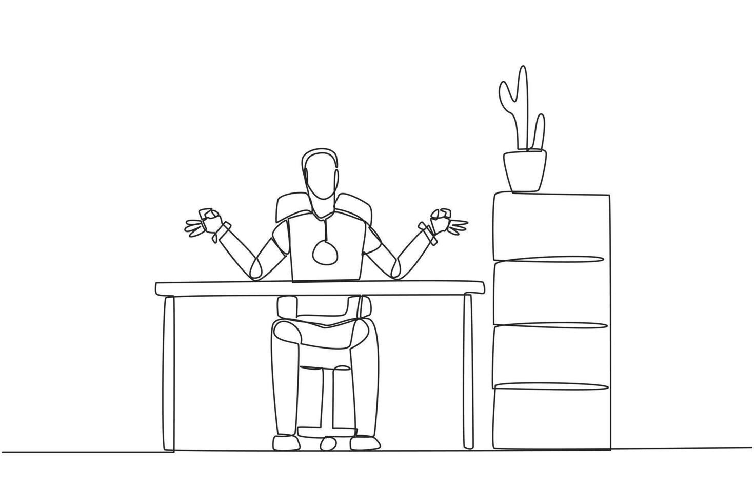 Single one line drawing robot sitting in a work chair with his fingers rounded. Robots need a sense of calm. Improving programmed artificial intelligence. Continuous line design graphic illustration vector