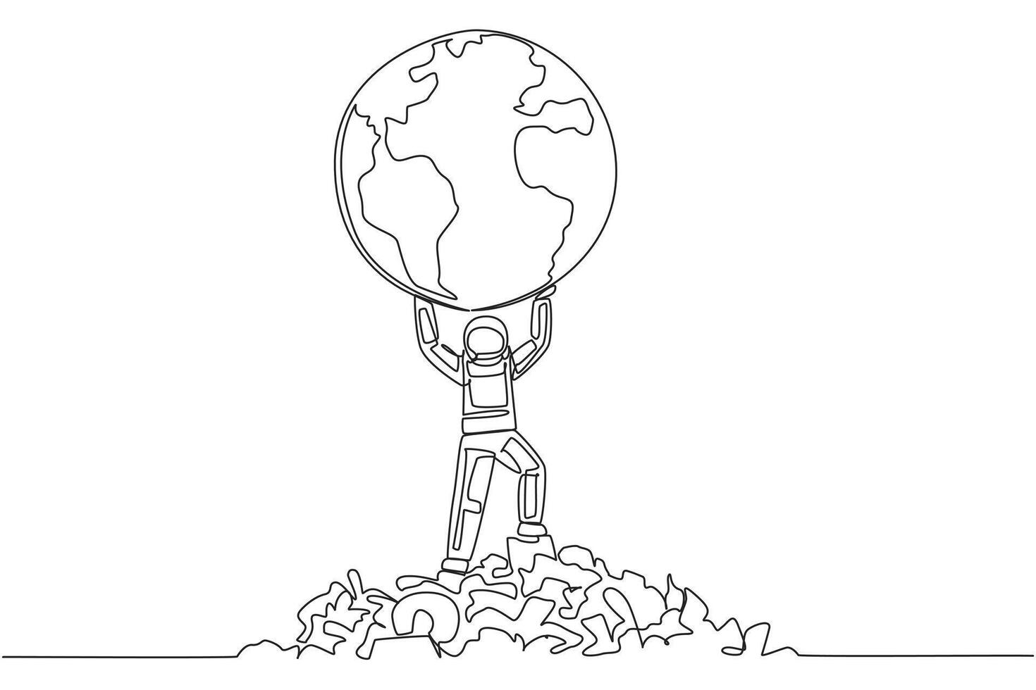 Single continuous line drawing astronaut raises globe with both hands. Earth is no longer beautiful. Must immediately fight to be protected at all costs. Spaceman. One line design illustration vector