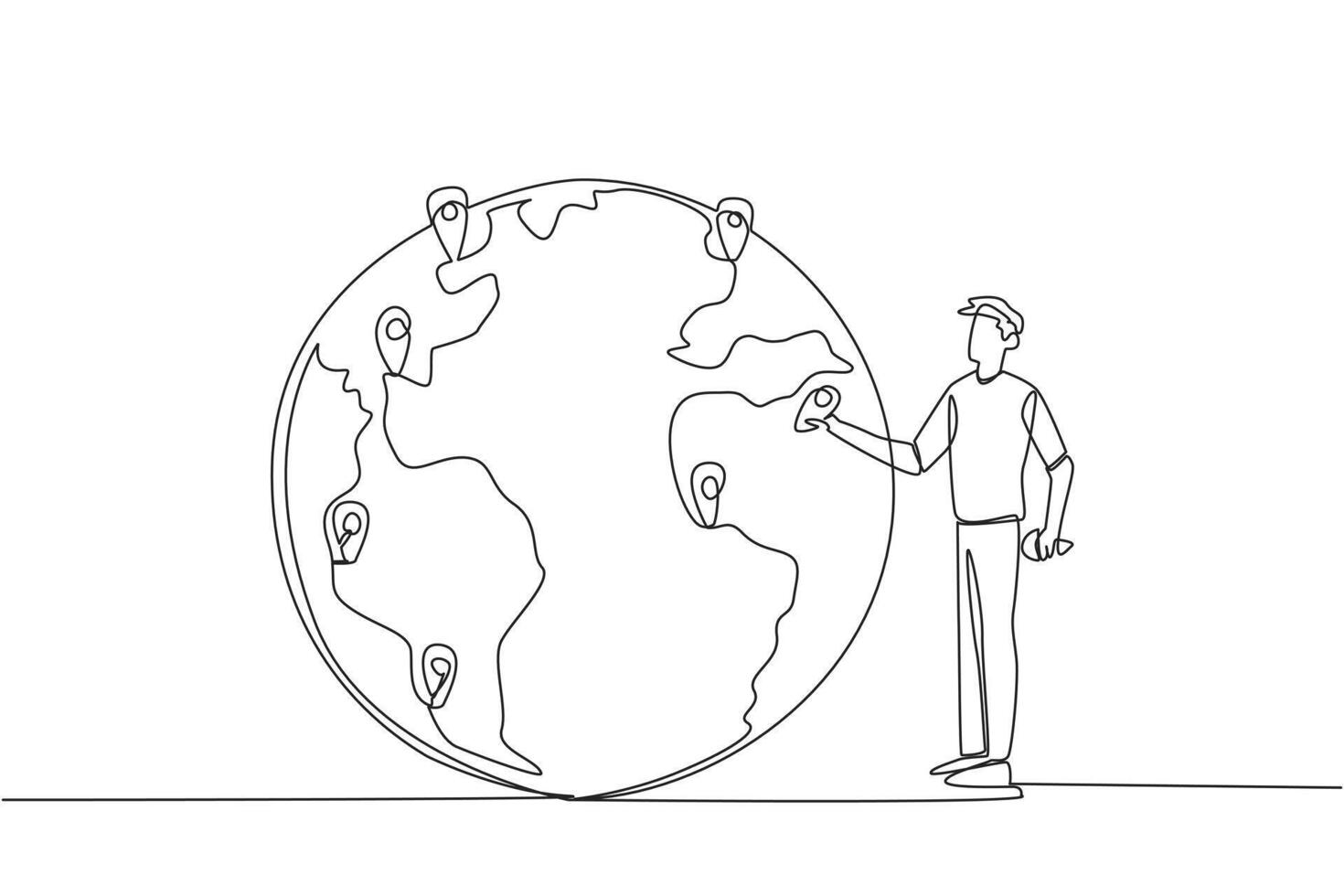 Single one line drawing man places a pin location point on surface of globe. Mapping areas that are very important for immediate tree planting. Earth day. Continuous line design graphic illustration vector