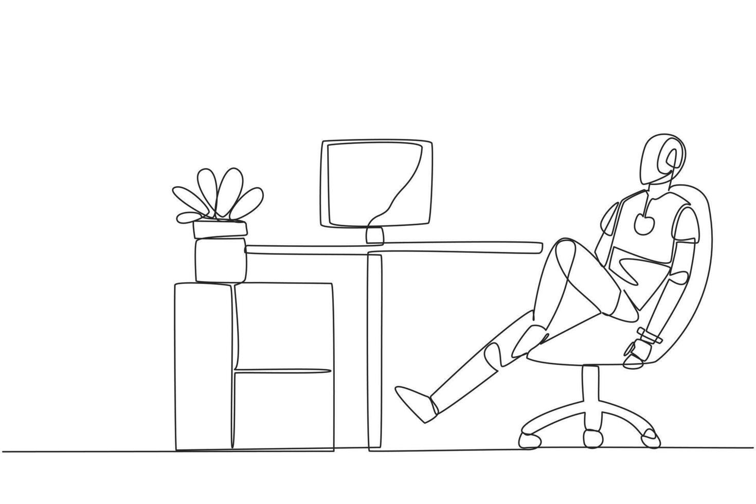 Continuous one line drawing robot sits in work chair with one of legs raised and folded. Robot relax. Its artificial intelligence is human-like. Future AI. Single line draw design illustration vector