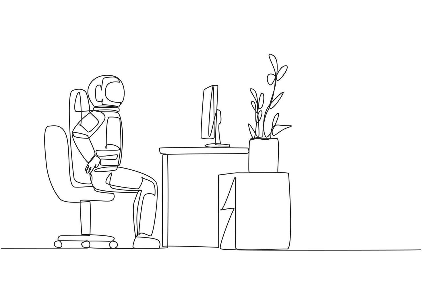 Continuous one line drawing astronaut sitting in a work chair with hands holding his waist. Stretching the waist. Nervousness makes it feel stiff. Spaceman. Single line draw design illustration vector