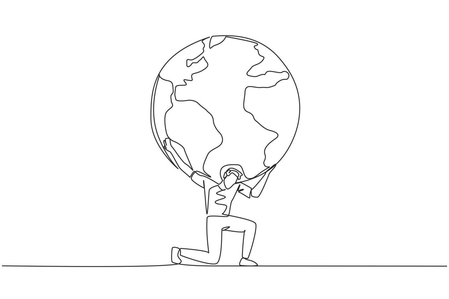 Single continuous line drawing a man kneels while cradling a globe. Alone it will be difficult to look after the earth. An invitation to preserve nature. Earth day. One line design illustration vector