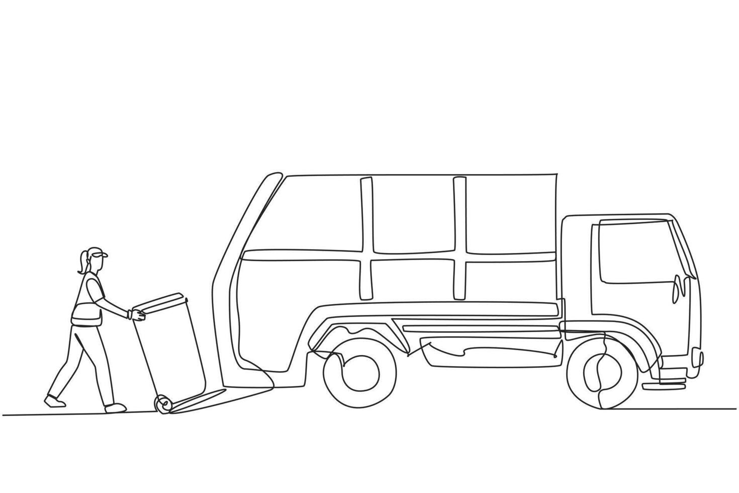 Single continuous line drawing trash woman loads the trash can into the trash truck. The next part is taken to the landfill. Cleaning up the environment. Recycling. One line design illustration vector