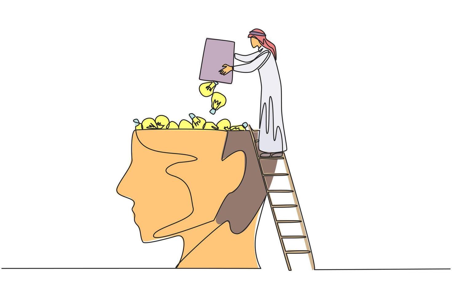 Single one line drawing Arab businessman climb to the large, open head with stairs. Throw away lightbulb. Putting down ideas and innovation. For profits. Continuous line design graphic illustration vector