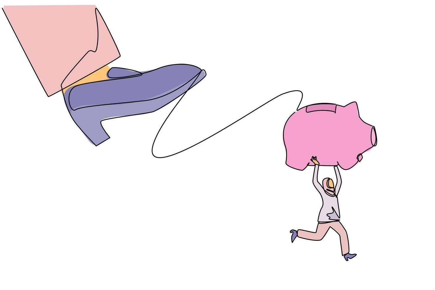 Continuous one line drawing Arabian businesswoman carrying piggy bank run away from giant foot. Avoids much more serious problems. Saving assets. Struggle. Single line draw design illustration vector