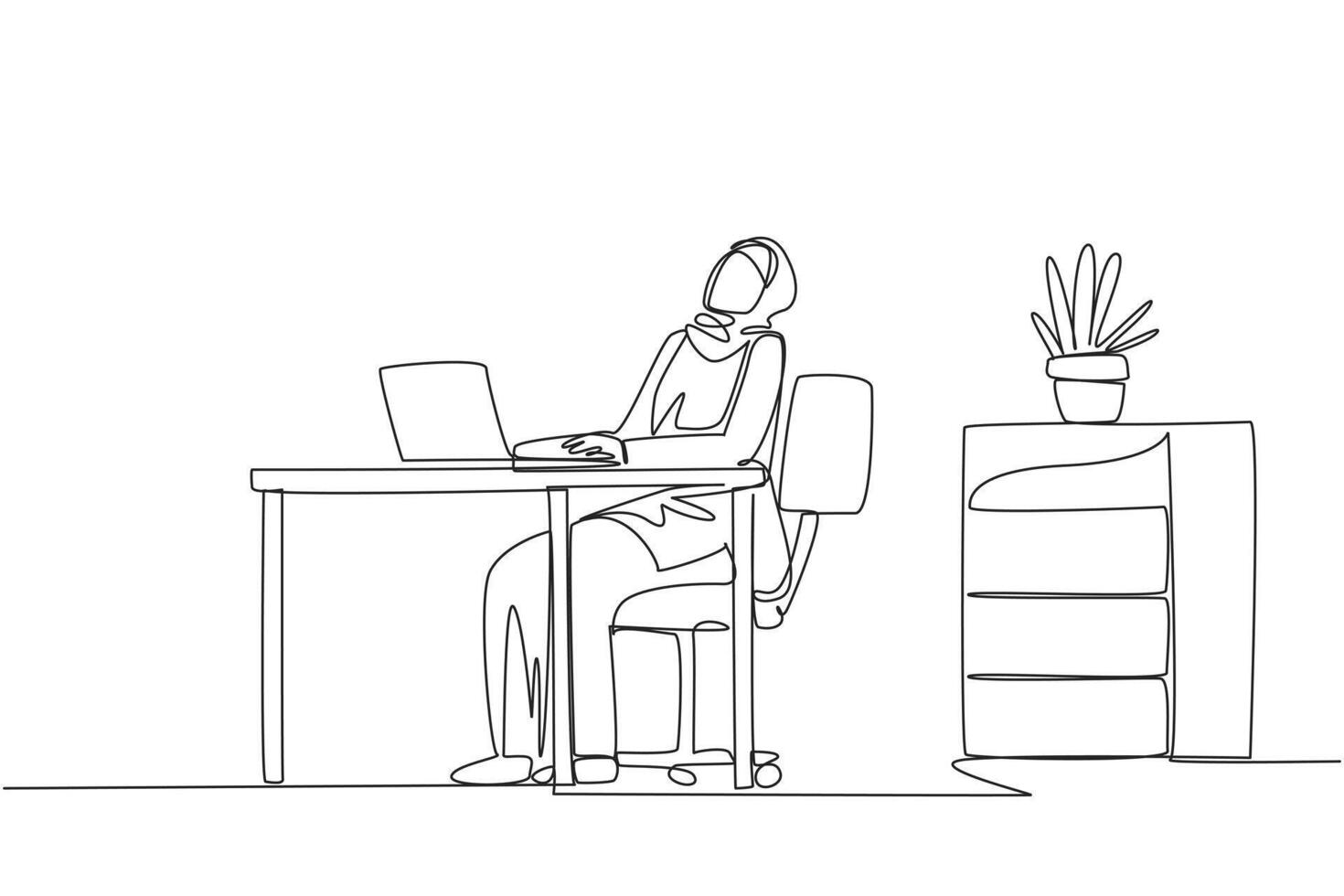 Single one line drawing Arab woman sitting in work chair typing on laptop with head tilted. Stiff neck. Less stretching. Less relaxed. Too serious. Hectic. Continuous line design graphic illustration vector