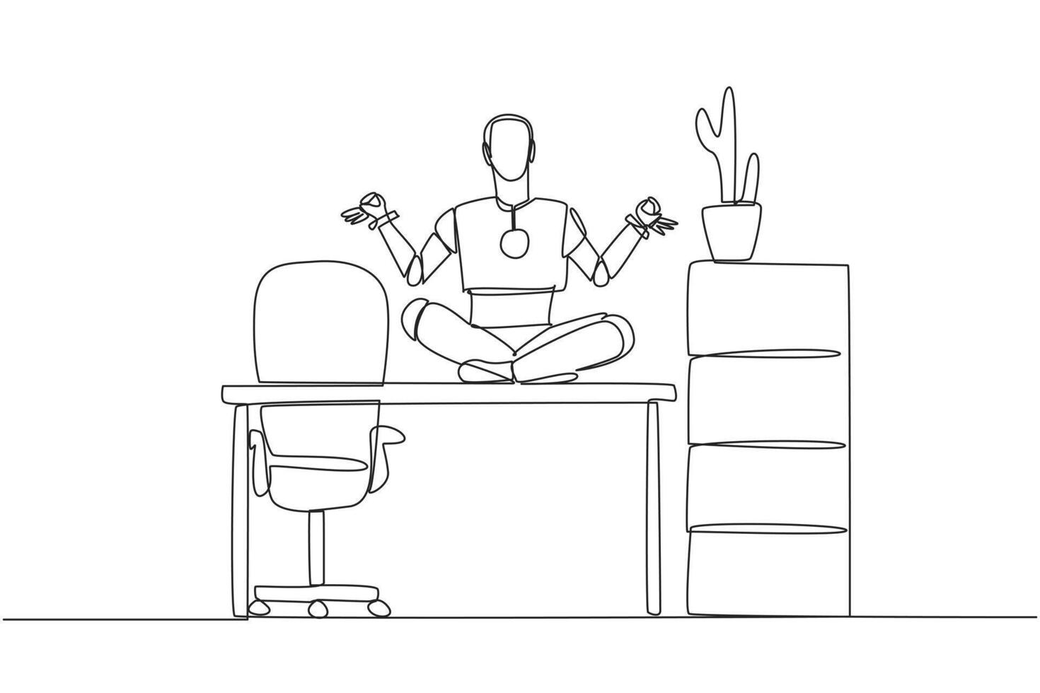 Single continuous line drawing smart robot sitting cross-legged on a work desk. Artificial intelligence makes people behave like humans. Relaxing yoga. Future tech. One line design illustration vector