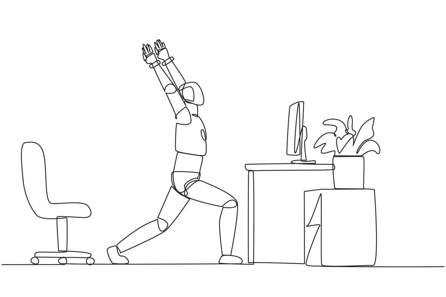 Continuous one line drawing robot stands with both hands raised and legs stretched. Robots increase the level of flexibility. Artificial intelligence. AI. Single line draw design illustration vector
