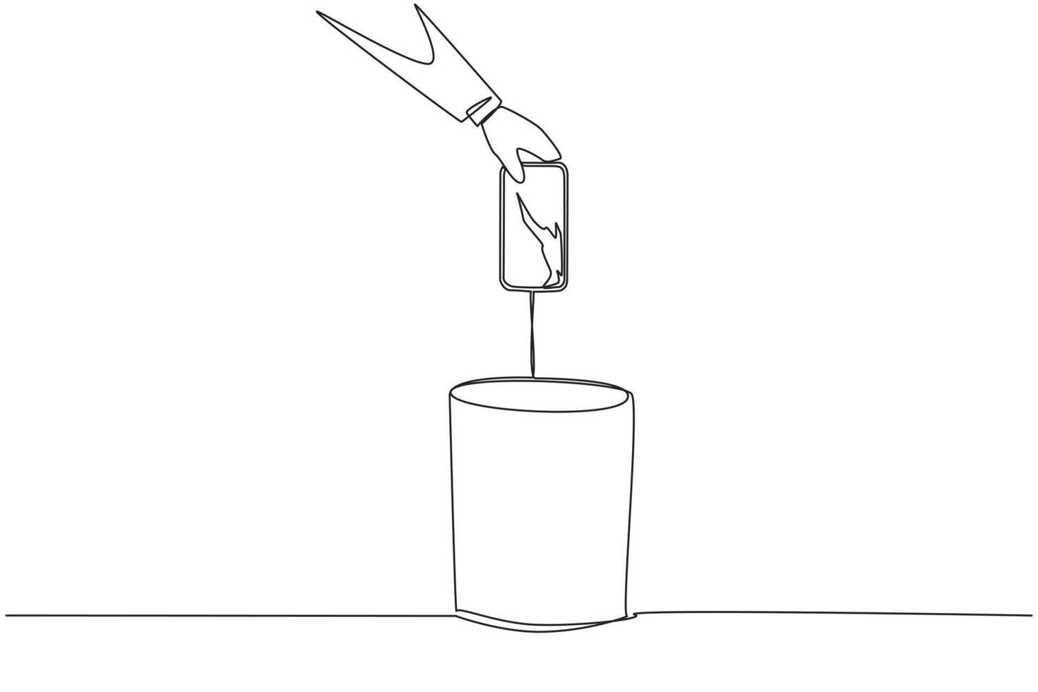 Single continuous line drawing businessman's hand throwing away a smartphone a cracked screen. Very disturbing to eyesight. Cannot provide an objective assessment. One line design illustration vector