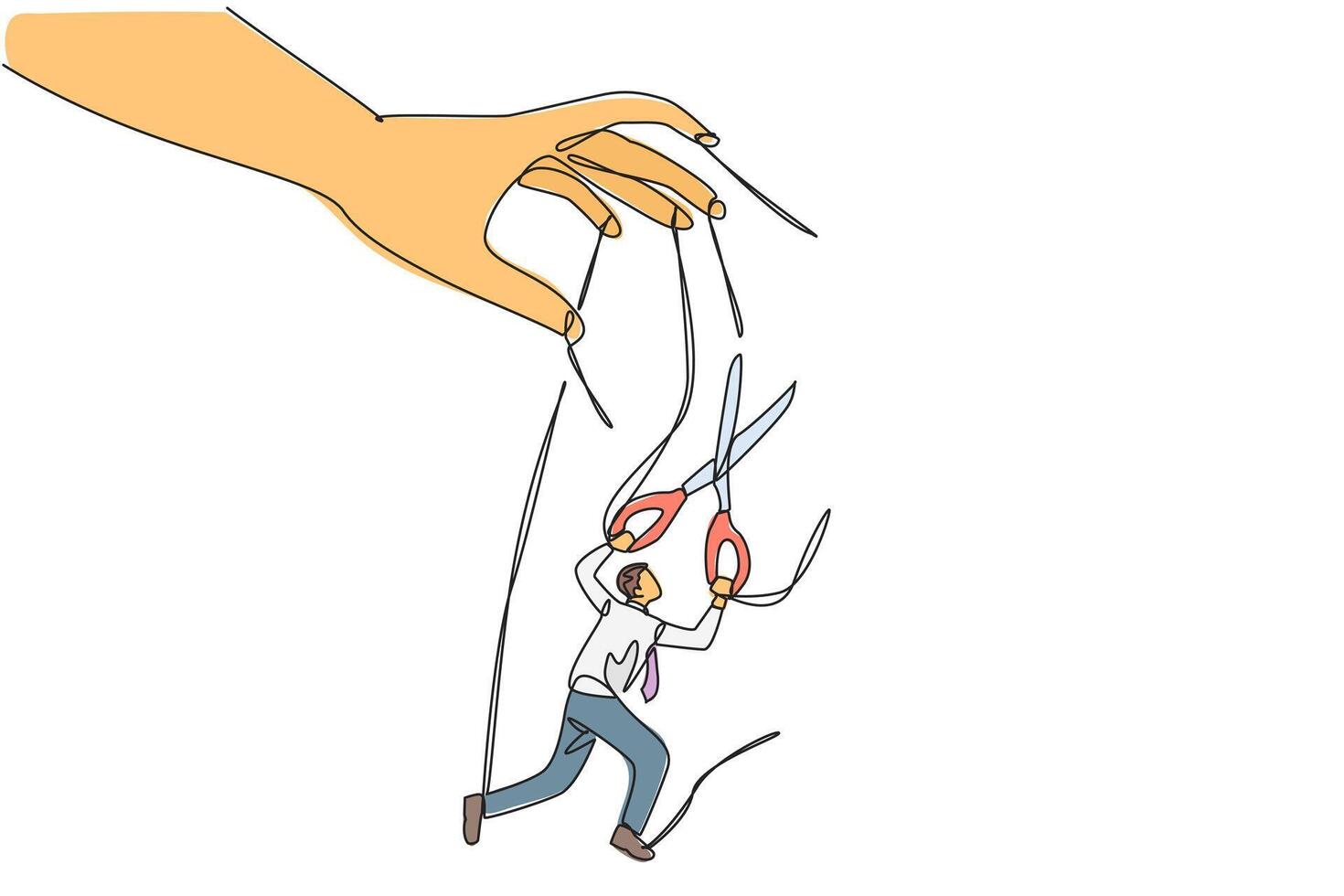 Single continuous line drawing the walking businessman moved by ropes controlled by giant hands. Trying to untie knot with scissors. Escape. Freedom in business. One line design illustration vector