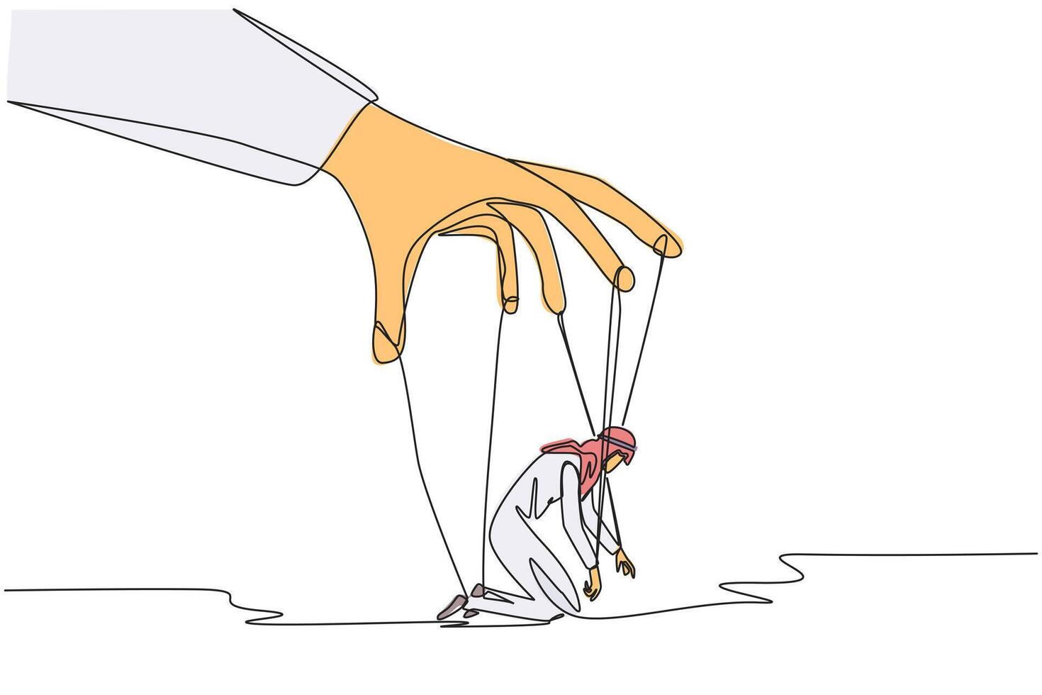Single continuous line drawing Arab businessman kneels, entire body bound by ropes controlled by giant hand. Frustration. Business is increasingly losing money. One line design illustration vector